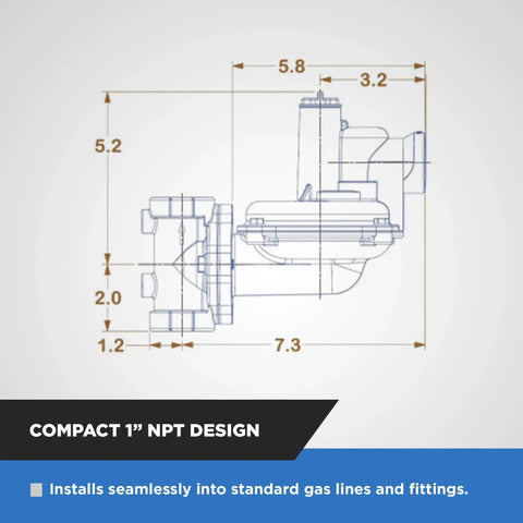Technical diagram of Natural Gas Regulator NGR02 10 By NMT 1 Inch NPT, showing dimensional specifications and design features.