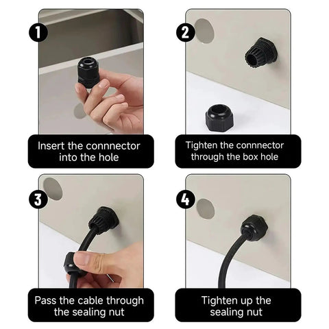 Step-by-step installation of NPT 1In Cable Gland IP68 Waterproof Strain Relief Cord Connector in electrical box.