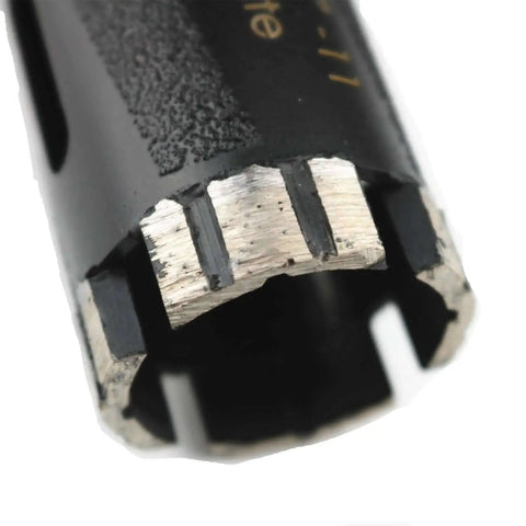 Close-up of the tip of a Dry Diamond Core Drill Bit for Granite Quartz and Engineered Stone One and One Quarter Inch.