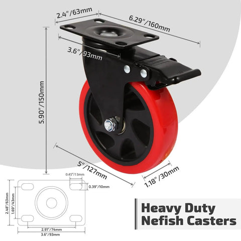 5 Inch Industrial Swivel Caster Wheel Set Of 4 With Brakes Heavy Duty Top Plate Casters 2200 Lb Load Capacity 360 Degree Polyurethane Wheels