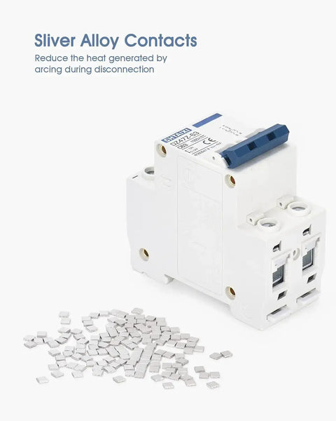 DC Miniature Circuit Breaker 2 Pole 1000V 63A Isolator For Solar PV System With Thermal Magnetic Trip And Fast Electromagnetic Trip DIN Rail Mount Disconnect Switch C63 Built For Rock Solid Power Distribution, shown with silver alloy contacts.