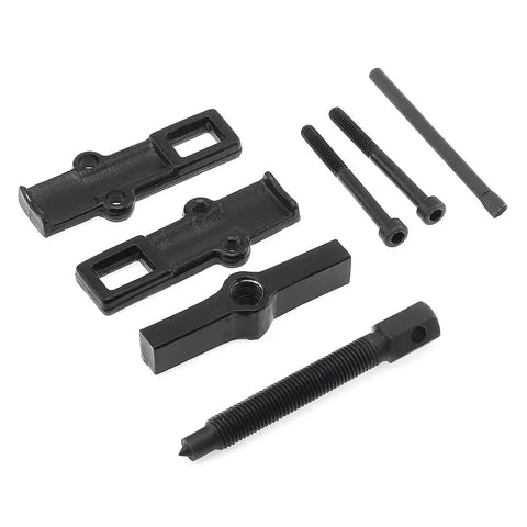 Components of Adjustable Two Jaw Bearing Gear Puller Remover 2 Inch Carbon Steel laid out on white background