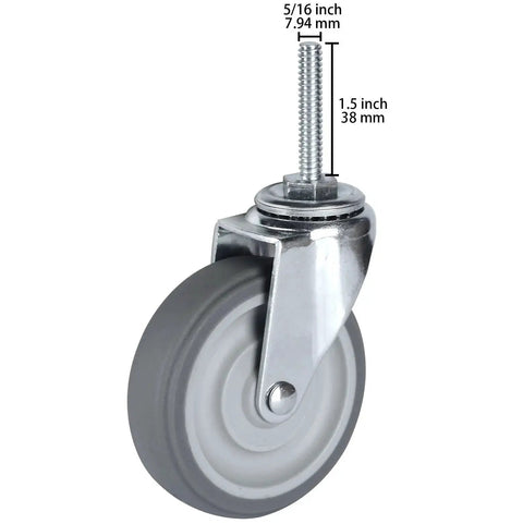 Close-up of Heavy Duty 3 Inch Swivel Caster Wheels Set Of 4 With Five Sixteenth Inch Threaded Stem By Eighteen Threads And One And A Half Inch Stem Length Rubber Wheels