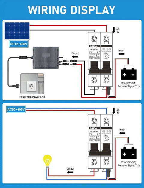 Wiring display of 60A DC Circuit Breaker With Remote Control, 12V-400V DC And 90-400V AC, 2 Pole Mini Breaker, installation diagram