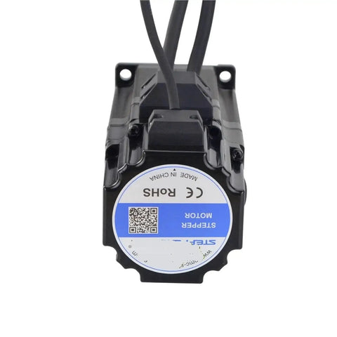 Front view of NEMA 23 closed-loop stepper motor with encoder, black housing and three-wire cables.