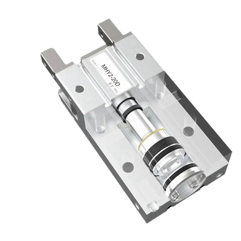 Pneumatic finger cylinder HFY6 actuator, silver metal body with black seals, mounted on base