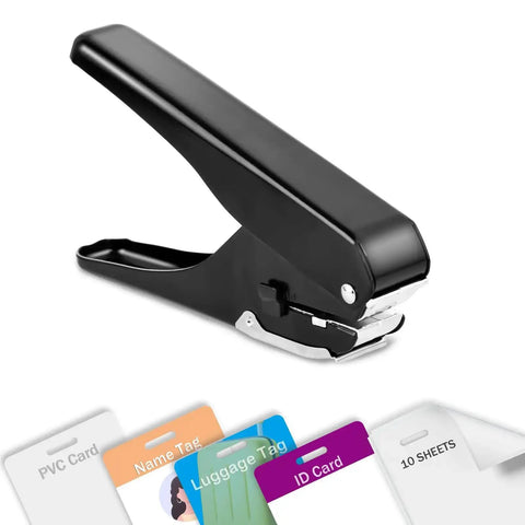 Heavy Duty Slot Punch Handheld Hole Puncher All Metal ID Card Puncher for PVC cards, badges, and tags with adjustable depth.