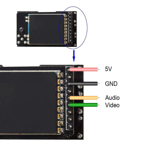 Wiring diagram for Diversity RX 5.8G 80CH FPV Receiver Module With OLED Display And Plug And Play Setup highlighting pin functions.