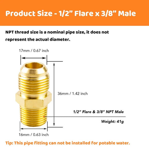 Besosay brass tube fitting, 1/2 in flare x 3/8 in NPT male gas adapter, front view with hex nut