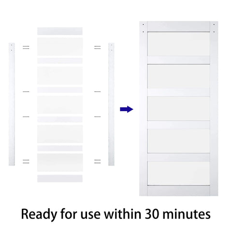 32In X 84In Frosted Glass Barn Door With 5 Panel Solid Wood Construction Waterproof PVC Surface And Scratch Resistant Finish Pre Drilled For Easy Assembly Includes Brushed Nickel Sliding Door Hardware And Handle White, image showing door assembly layout.