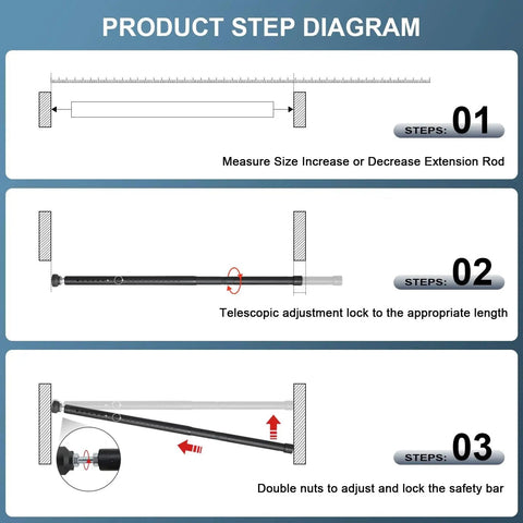 Diagram showing steps to install Adjustable Patio Door Security Bar For Sliding Glass Doors 17.5 To 50 Inch Heavy Duty Indoor Window Lock Bar