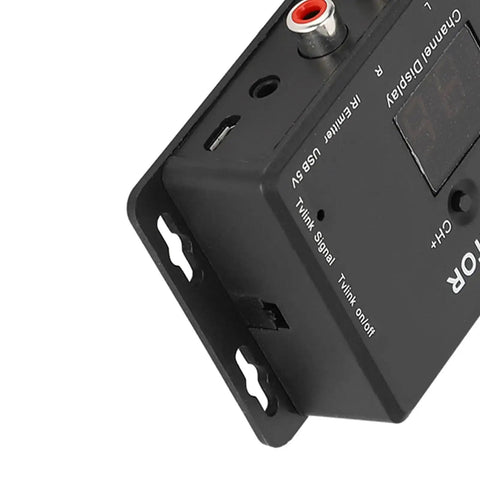 Close-up of RF Modulator For UHF TV With Infrared Extender showing channel display and AV input, compact and USB powered
