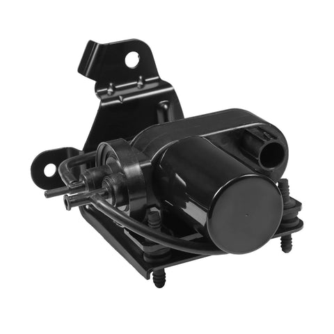 Electric vacuum pump with mounting bracket, black plastic housing and inlet/outlet ports