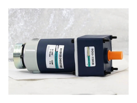 Side view of permanent magnet DC gear motor with brake, blue housing, orange shaft, 120W, 12/24V