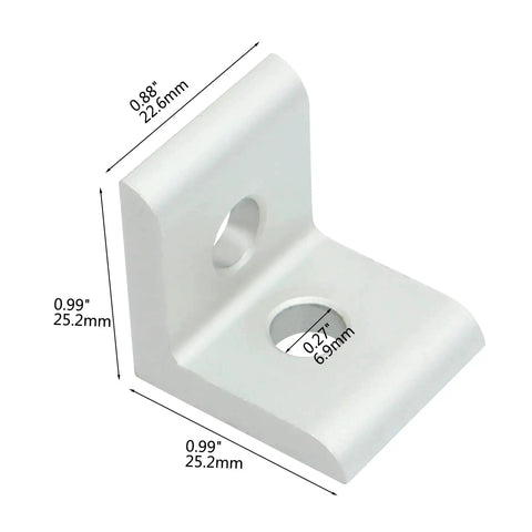 Inside Corner Brackets Aluminum 2 Hole 90 Degree Angle Bracket For 10 Series T Slot Profile Extruded Aluminum 25 Pack Built Tough For One Inch Extrusion close-up view with measurements