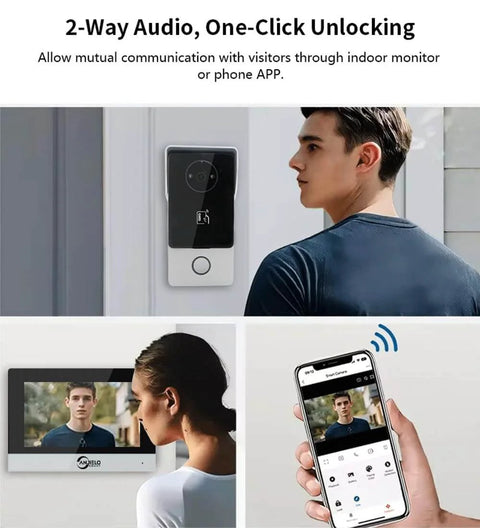 Two Wire Video Intercom System With Indoor Monitor And Wifi Doorbell Camera, showing man using smartphone app and 7 inch 1080P touchscreen