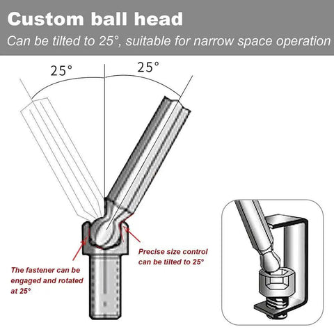Diagram showing 25-degree tilt of ball end hex key in Two Piece Tool Bundle With ST5211 Pin Removal Kit And ST5212 22 Piece Allen Wrench Set
