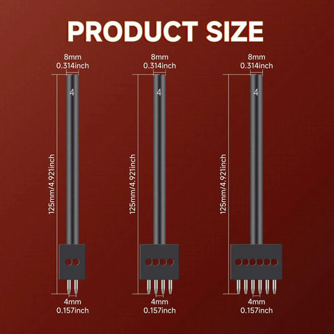Product size of Pro Grade 3 Piece Prong Punch Tool Set for leather crafting, showing 2/4/6 prong round hole punches dimensions