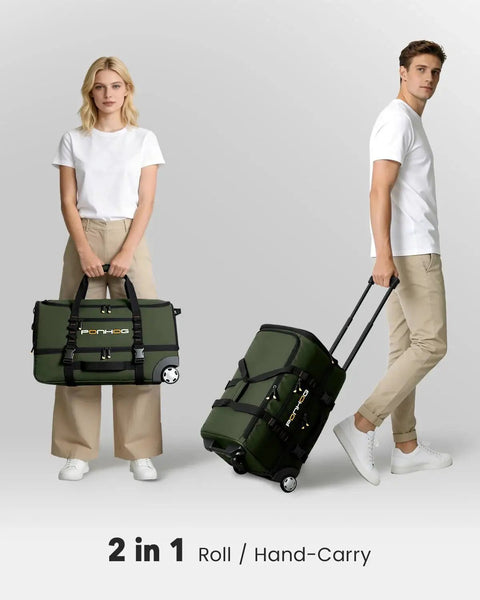 Man and woman demonstrating Rolling Duffle Bag With Wheels 21 Inch Travel Duffel With Shoe Compartment, green, in carry and rolling modes.