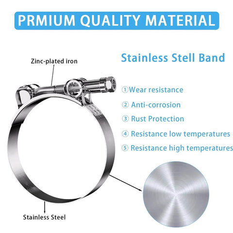 2 Pack 4 Inch T Bolt Hose Clamps With Working Range 108 To 116 MM For Four Inch Hose ID Turbo Intercooler Intake Clamp Set In Premium 304 Stainless Steel Anti Rust Corrosion Resistant Durable High Performance with labeled features.