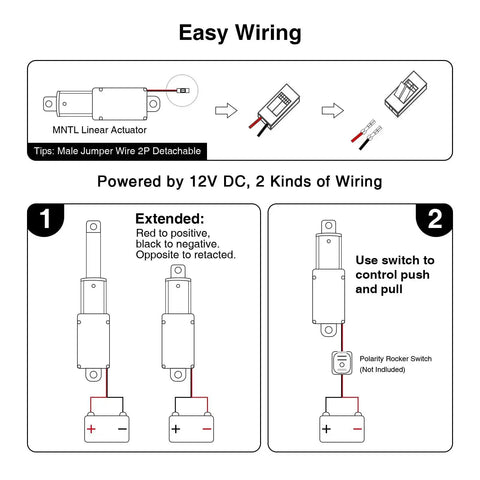 Wiring diagram for 75mm 40N Mini 12V Linear Actuator With Brackets For Cabinets, Robotics, Home Automation And Window Opener.
