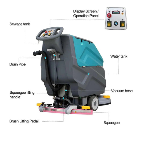 Side view of Powerful Walk Behind Floor Scrubber Polisher Dryer That Dries Floors Fast, 22 Inch Cleaning Width and 31.5 Inch Suction, 18.5 Gallon Tank
