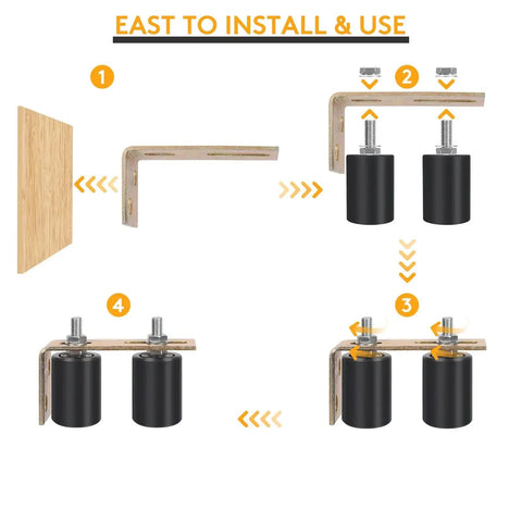 Diagram showing installation steps for Universal Adjustable Heavy Duty Sliding Gate Rollers Kit with L Shaped Brackets.