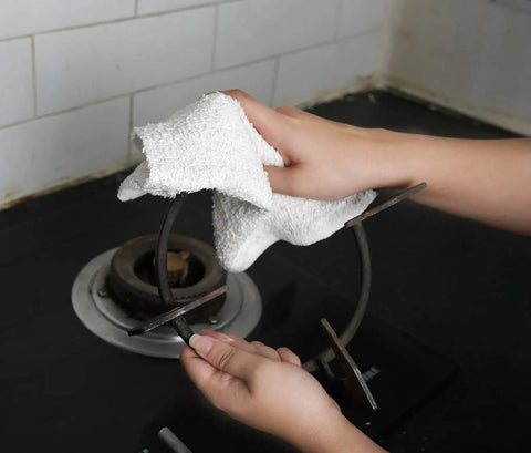 Linen Terry Bar Mop Towels 14x17 White Value Pack Of 60 Absorbent And Durable Multipurpose Cleaning Rags in use on stovetop