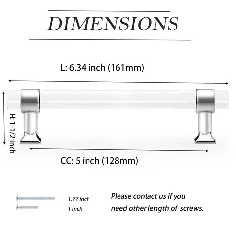 Dimensions of 5 Inch Center To Center Polished Chrome Cabinet Pulls with Clear Acrylic Inserts shown with total length 161mm, height 38mm.