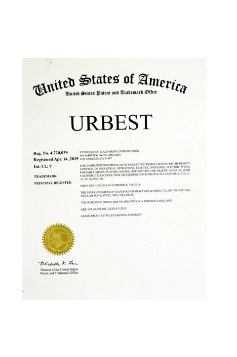 URBEST patent certificate document with United States of America header and gold seal