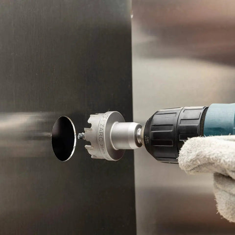 Carbide Tipped Hole Saw Kit, 3 Piece Set With Pilot Drill Bit For Hard Metals Like Stainless Steel Iron Aluminum And Alloys in use