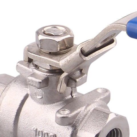 Stainless steel 304 ball valve with blue lever handle and locking device, 1/4 in NPT.