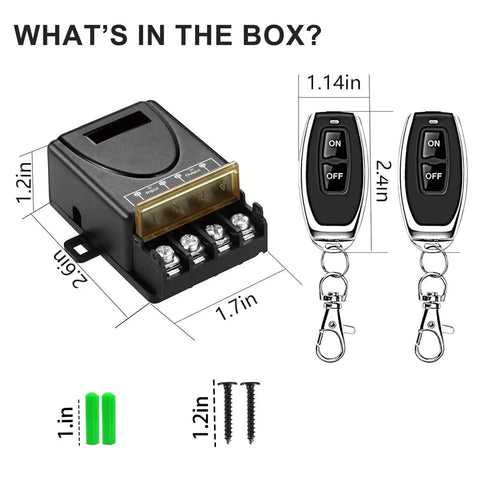 Components of Beefy Heavy Duty Wireless Remote Control Switch Kit with 30A Relay for DC 12V 24V 48V 72V, including two remotes and screws.