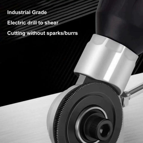 Close-up of drill with plate shears attachment cutting metal, featuring a 40mm titanium steel disc for spark-free burr-free cutting.