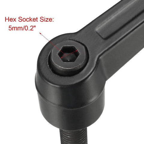 Close-up of M10 30mm Adjustable Clamping Lever Handle with Push Button Locking Ratchet, showing 5mm hex socket and threaded stud