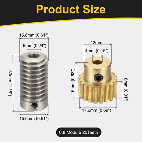 Brass Worm Gear Set With 20 Teeth And 0.8 Module in Product Size Display, Featuring Steel Rod 6mm Bore and Brass Gear 4mm Bore