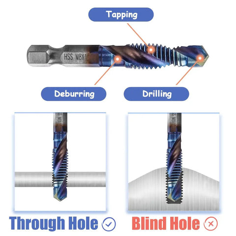 Image showing a Six Piece HSS Tap Drill Bit Set for drilling, tapping, deburring through hole and blind hole applications.