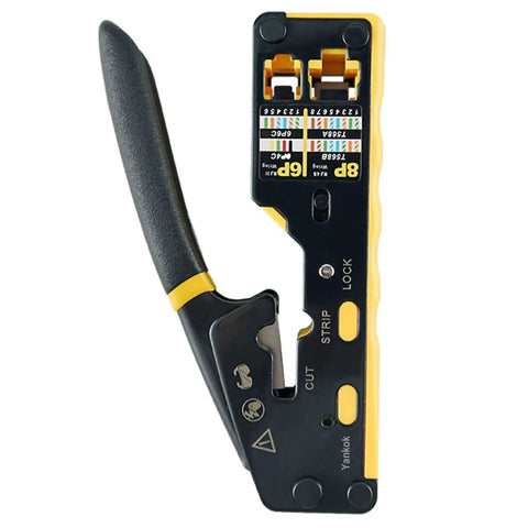 Pro Grade Pass Through Crimping Tool For RJ45 RJ12 RJ11 Connectors With Built In Pass Thru Blade, black and yellow handle, front view
