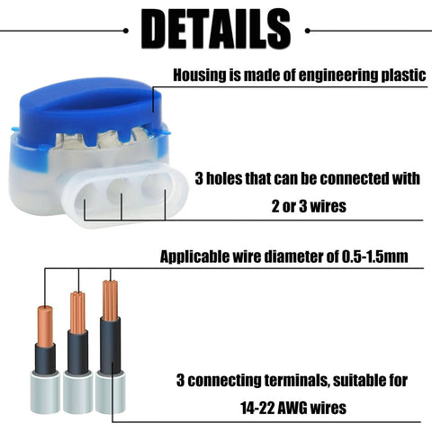 Multisland 20Pcs 3-way outdoor IDC wire connector with blue engineering-plastic housing for 14–22 AWG wires