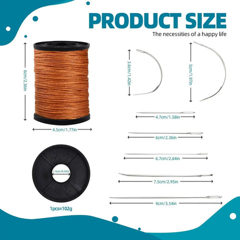 Extra Strong Upholstery Repair Sewing Thread Kit with Heavy Duty Hand Needles showing thread spool and needle sizes