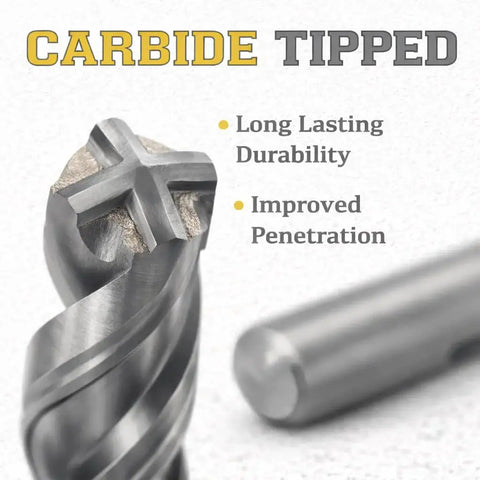 Close-up of the carbide tip on the Three Quarter Inch SDS Plus Masonry Drill Bit Set For Concrete And Brick, 12 Inch Total Length, 2 Pack.