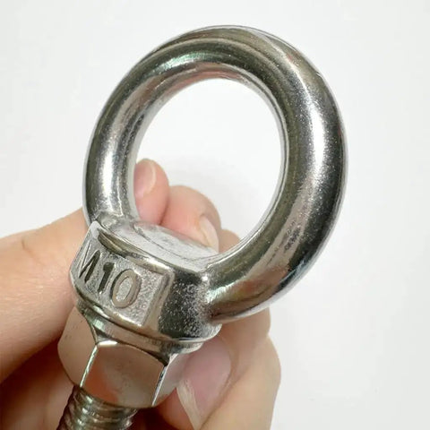 Close-up of Two Pack Heavy Duty M10 Stainless Shoulder Eye Bolt Set With Nuts And Flat Washers 72mm Total Length 30mm Thread