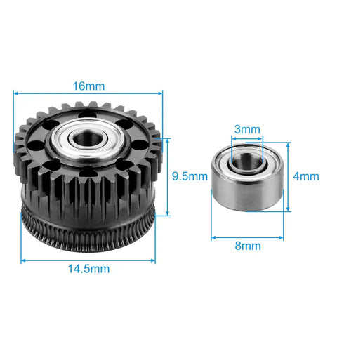 All Metal Extruder Gear Kit With DLC Coating And Perforated Lightweight Design For Creality 3D Printers shown with size measurements