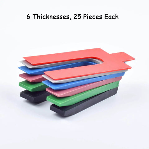 Pro Grade Leveling And Spacing Shims Kit With 150 Pcs U Shaped Tile Spacers 1mm 2mm 3mm 4mm 5mm 6mm For Window And Door Installation And Woodworking By Left Bridge in different colors and sizes.