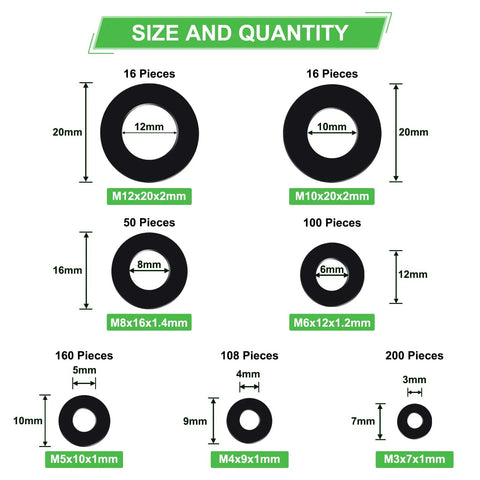 650 Piece Nylon Flat Washer Set Black Plastic Washers Assortment For Screws And Bolts 7 Sizes M3 To M12 DIY Friendly hardware dimensions