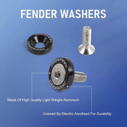 Black CNC Billet Aluminum Fender Washer Set 20 Pcs Engine Bay Dress Up Kit For Honda 10mm Bolt Holes 18mm Washer Diameter M6x20mm Bolts Lightweight Aluminum shown with individual components on blue background.