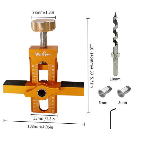 2 In 1 Cabinet Hinge Installation Positioning Tool With Adjustable Length Aid Heavy Duty Aluminum Alloy Cabinet Door Jig For Frameless Cabinets DIY Hinge Alignment And Mounting Guide, shown with adjustable scales and drill bits