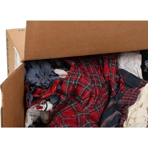 Reclaimed Cotton Polishing And Dust Cloths Assorted Colors Flannel Low Lint 25 Lb Pack in an open box