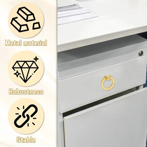 4 Pack Gold Cabinet Knobs With Screws installed on white drawer, features metal material, robustness, stable design; brushed gold ring pulls.