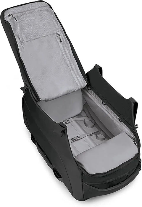 Open view of Rugged 100L Wheeled Duffel with Wingjacket Compression, revealing spacious interior. Ideal for long haul trips, black Osprey model.